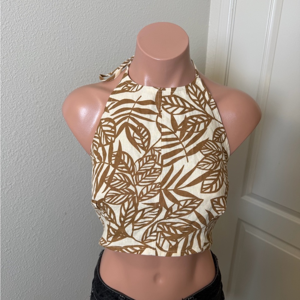 House of Harlow 1960 Cream and Brown Leaf-Print Halter Crop Top